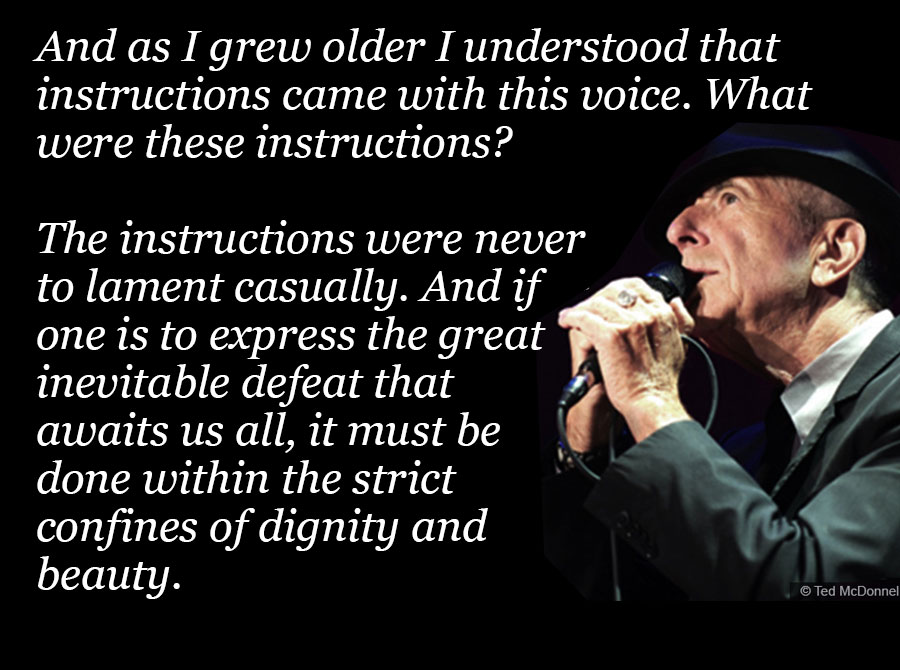 Photo of Leonard Cohen with quote