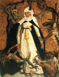 Illustration of saint catherine attacked by demons